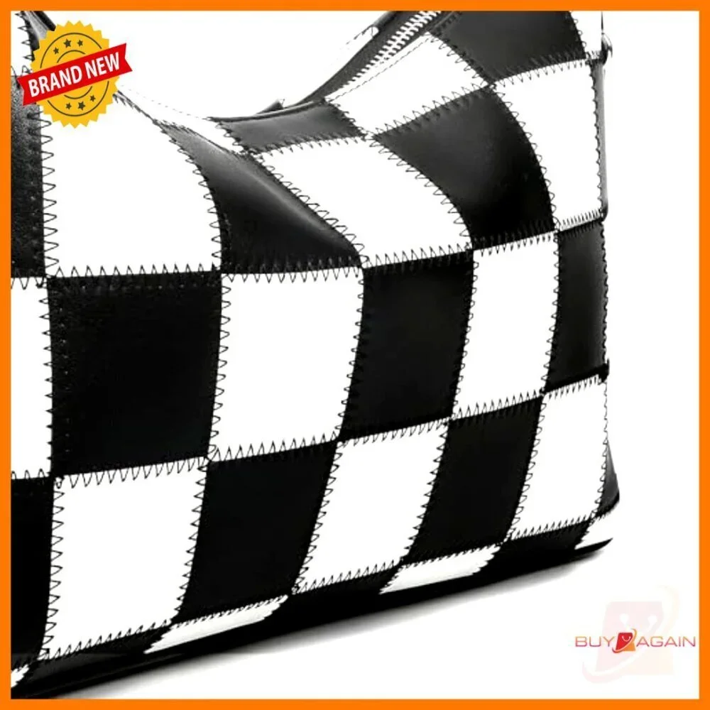 Checkered Vegan Leather Tote Bag Adjustable Strap Crossbody Shoulder Purse